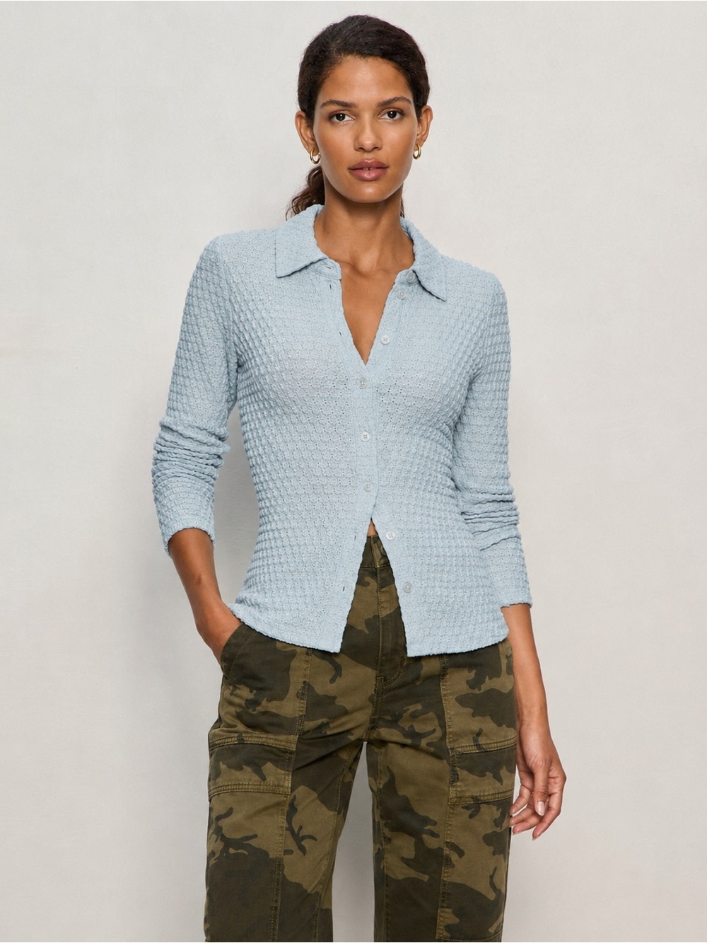 Sanctuary • NWT Light Blue Textured Button-Front Polo Top ptp17-21”